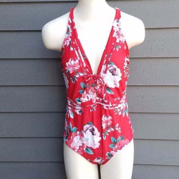 Kona Sol Swim Red Floral One Piece Swim Suit size large - Picture 12 of 12